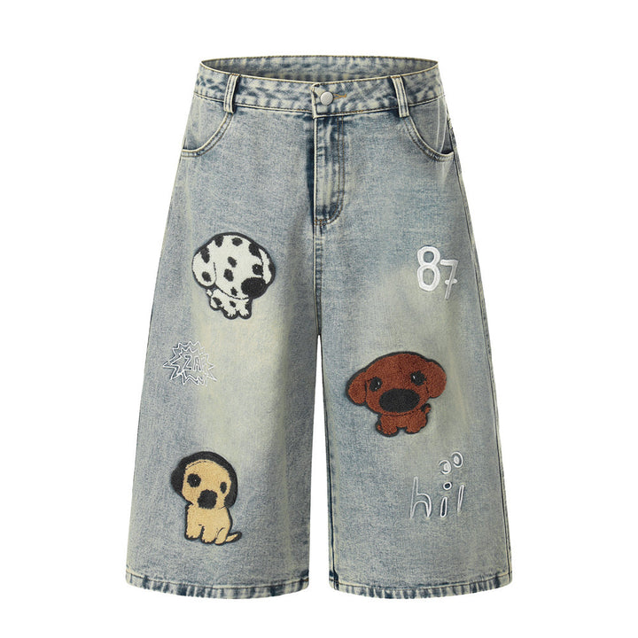 Puppy plush embroidered washed denim five quarter pants