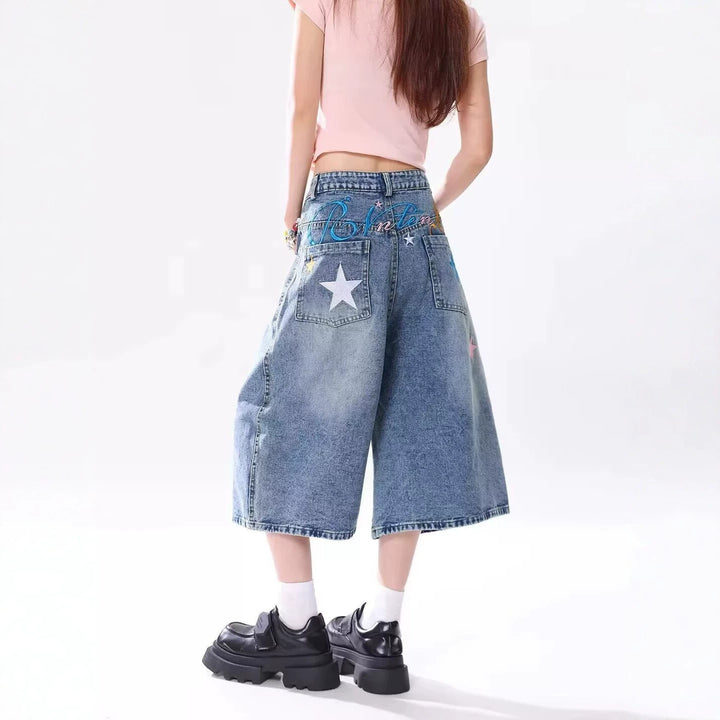 Vintage Star Print Denim Capri Pants Lightweight Loose Washed Wide Leg Shorts