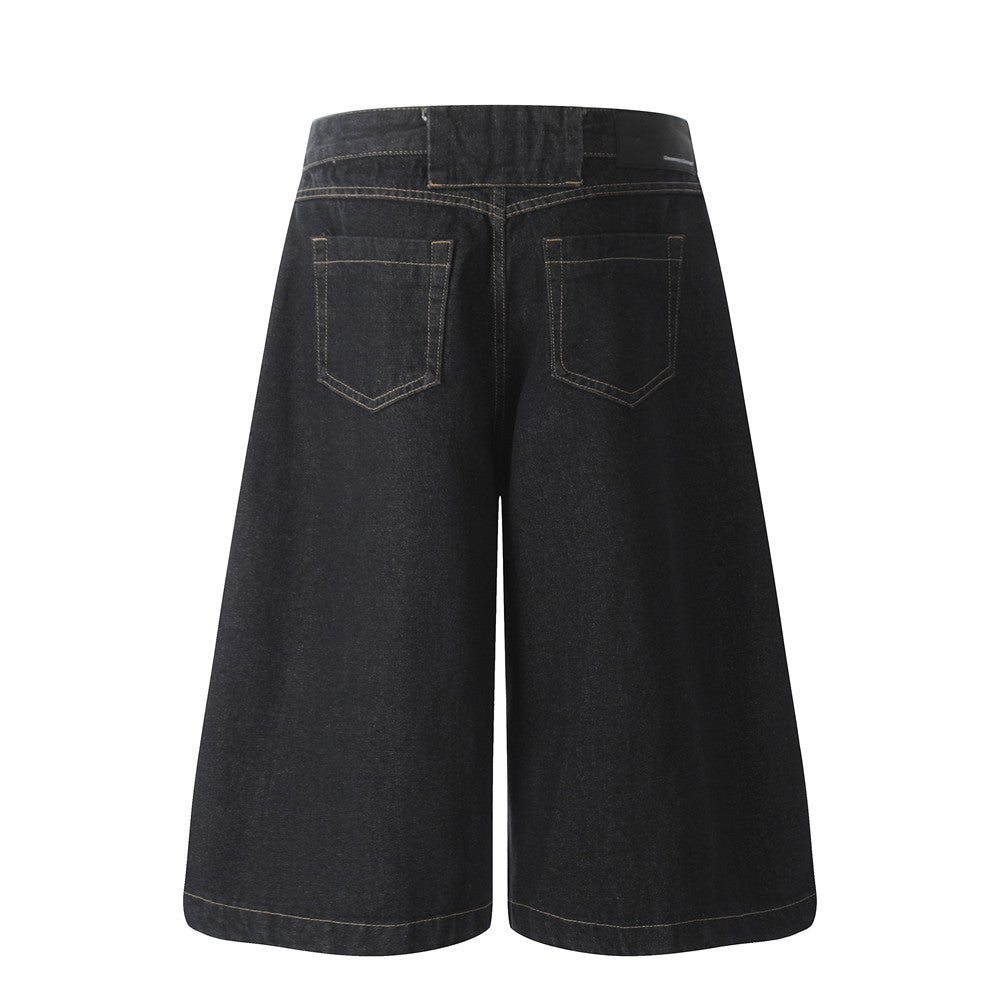 Loose Wide-Leg Seven-Quarter Denim Trousers Men's Workwear Casual Shorts High Street Segmentation Deconstruction Design Five-Quarter Pants