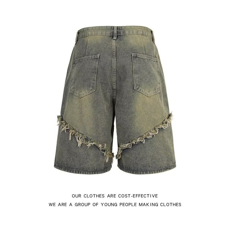 Tassel washed denim summer retro high-end five quarter pants