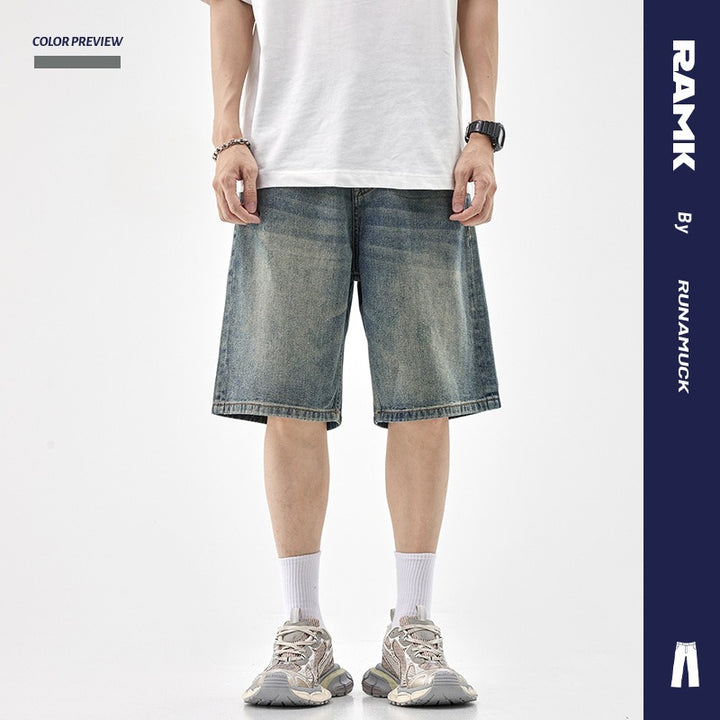 Denim shorts men's trendy brand loose straight-leg jodhpurs five-quarter pants casual versatile summer mid-pants