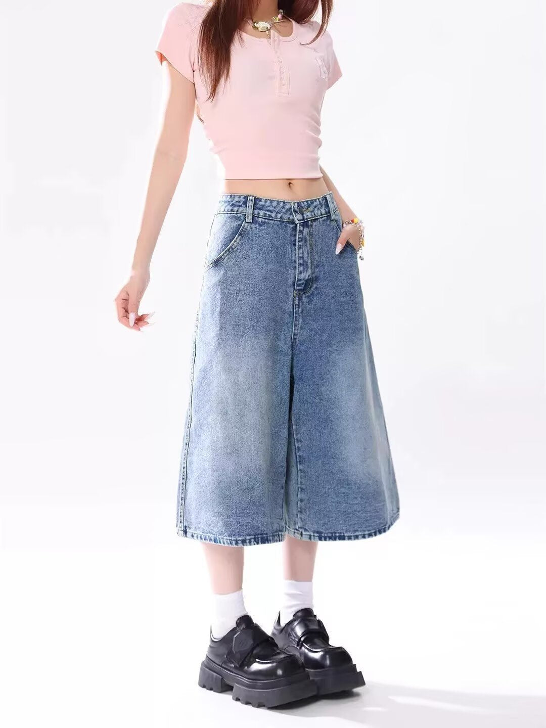Vintage Star Print Denim Capri Pants Lightweight Loose Washed Wide Leg Shorts