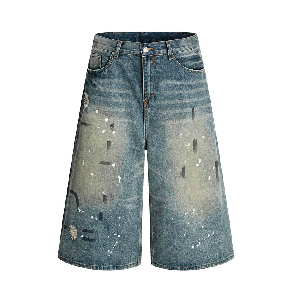 Heavy-duty Splatter Paint Aged Denim Three-quarter Pants Men's Loose Wide-leg Ripped Washed Shorts Trendy