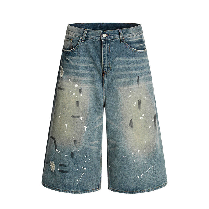 Heavy-duty Splatter Paint Aged Denim Three-quarter Pants Men's Loose Wide-leg Ripped Washed Shorts Trendy