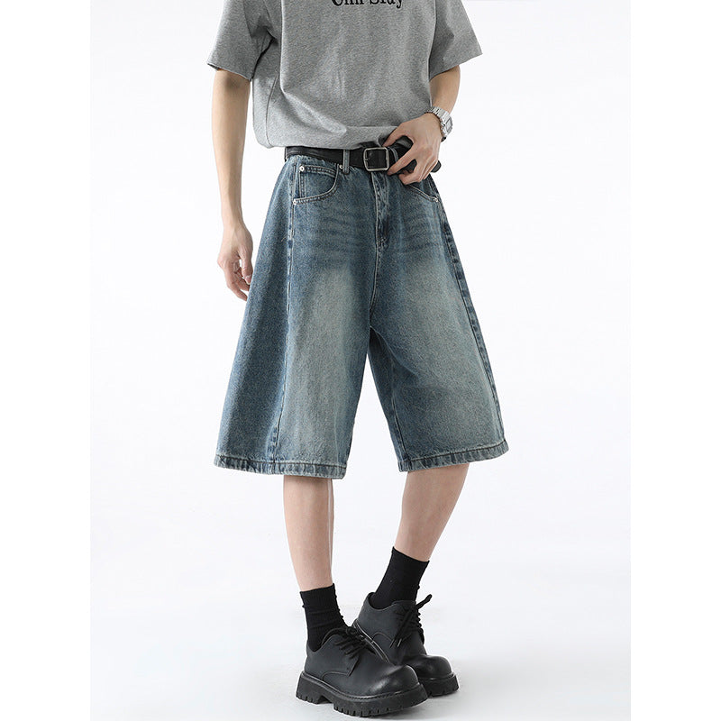 Retro silhouette wide leg denim casual washed five quarter pants
