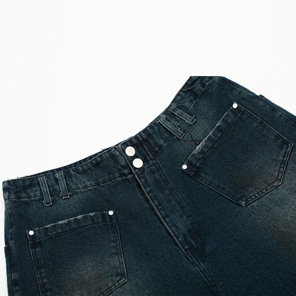 Reversible Design Denim Shorts Men's Summer Loose   Vibe Washed Straight Leg Five-Quarter Pants