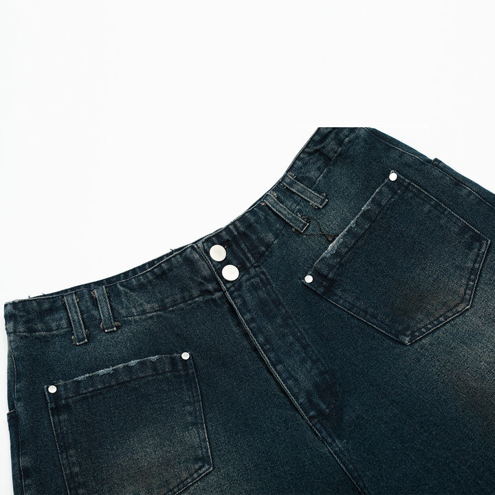 Reversible Design Denim Shorts Men's Summer Loose   Vibe Washed Straight Leg Five-Quarter Pants