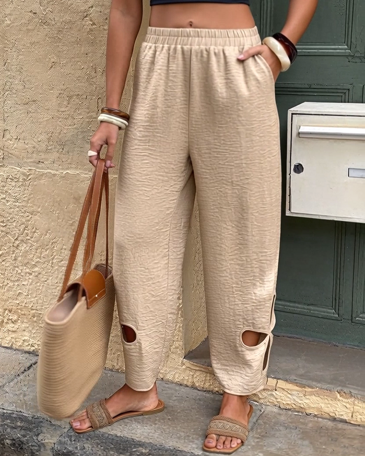 Textured Floral Pattern Cut-Out Hem Casual Pants