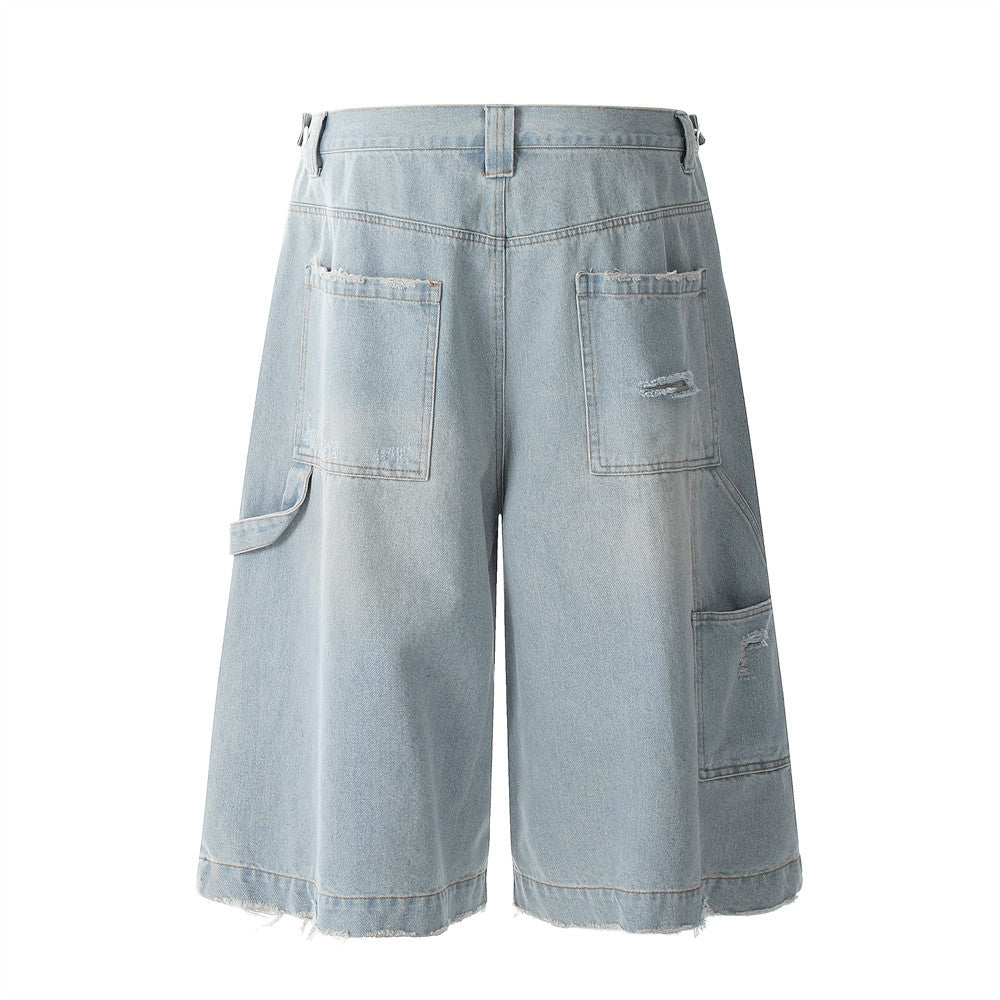 Hole-Washed Denim Shorts Men's Loose   Retro Trendy Versatile Ripped Straight Leg Five-Point Pants
