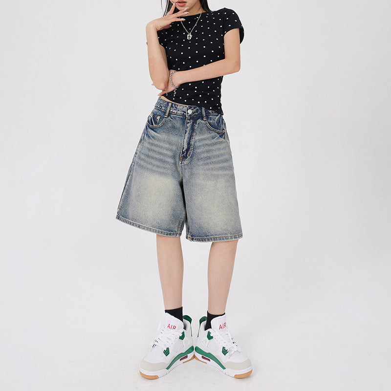 Orange Silk Women's Vintage Washed Denim Shorts  Five-Quarter Pants