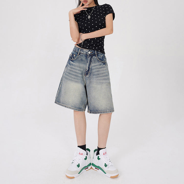 Orange Silk Women's Vintage Washed Denim Shorts  Five-Quarter Pants