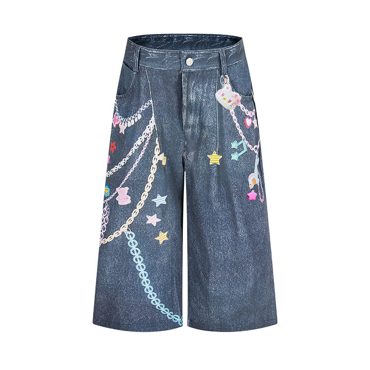 Chain printed washed denim seven quarter pants straight leg shorts
