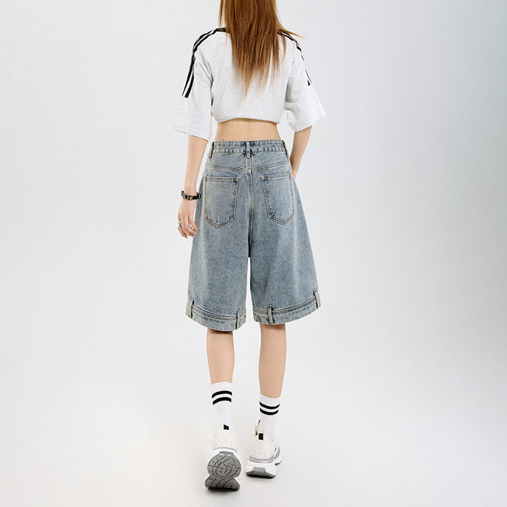 Retro Design Denim Shorts for Women Loose Five-Quarter Pants Straight Wide-Leg Mid-Length Trousers