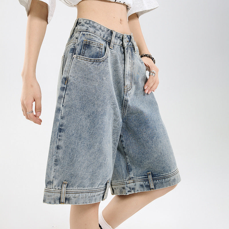 Retro Design Denim Shorts for Women Loose Five-Quarter Pants Straight Wide-Leg Mid-Length Trousers