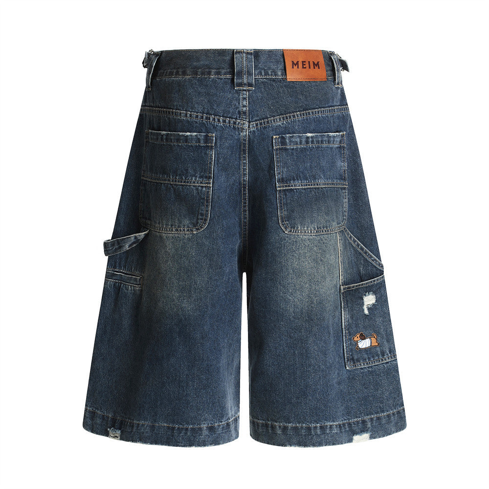 Workwear Denim Shorts Men's Summer Pocket Embroidery Washed Distressed Loose Wide-Leg Five-Point Pants Trendy