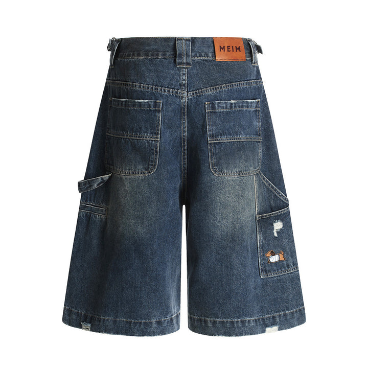 Workwear Denim Shorts Men's Summer Pocket Embroidery Washed Distressed Loose Wide-Leg Five-Point Pants Trendy
