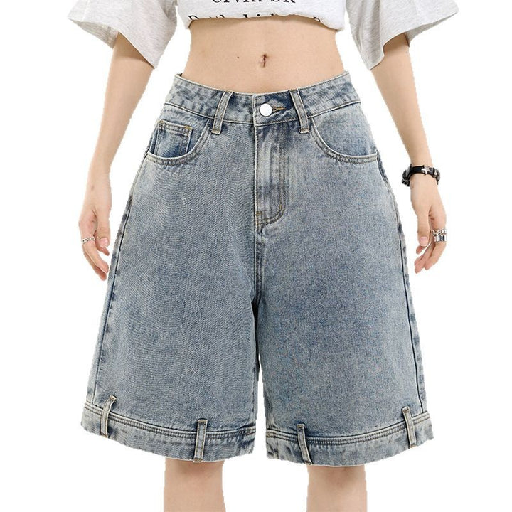 Retro Design Denim Shorts for Women Loose Five-Quarter Pants Straight Wide-Leg Mid-Length Trousers