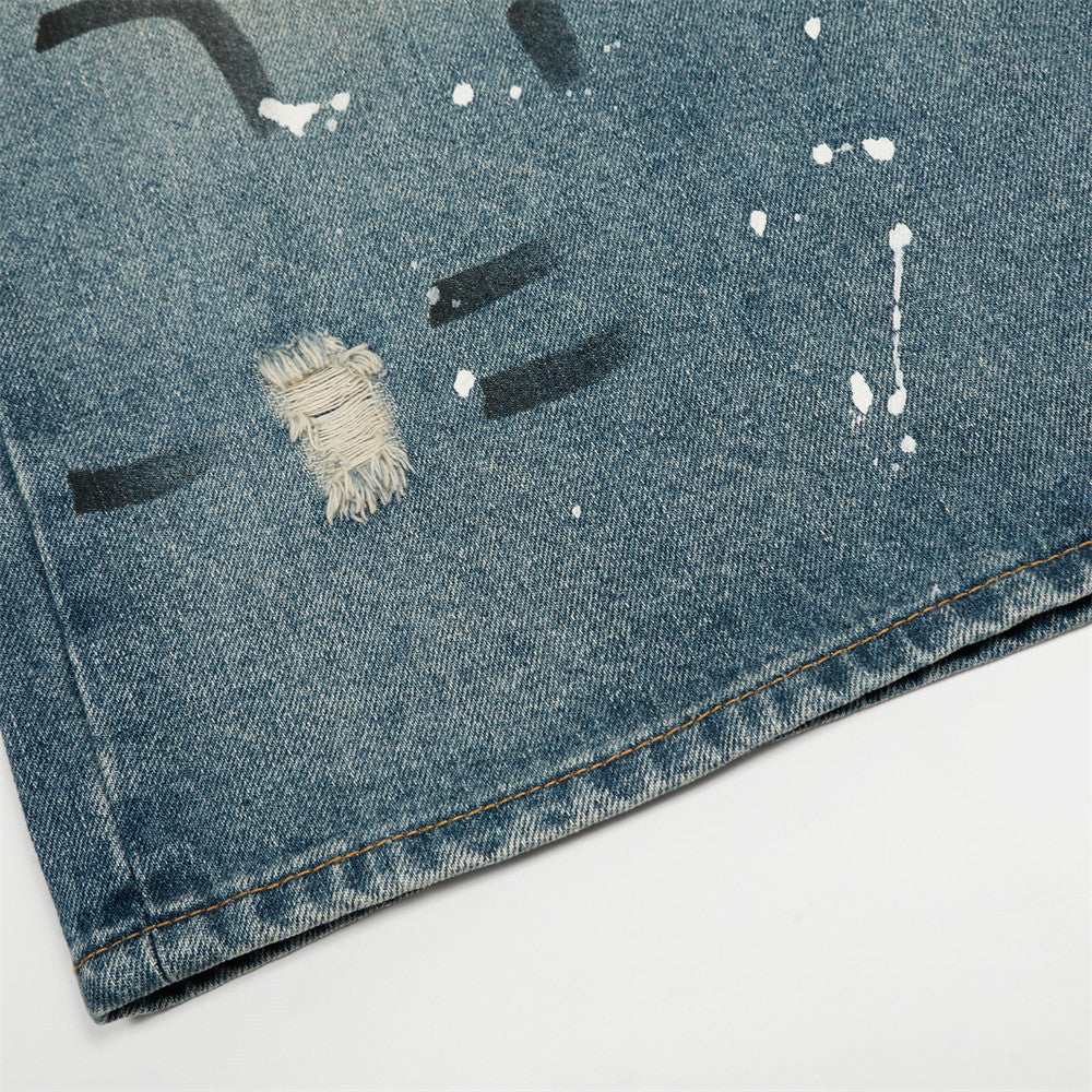 Heavy-duty Splatter Paint Aged Denim Three-quarter Pants Men's Loose Wide-leg Ripped Washed Shorts Trendy