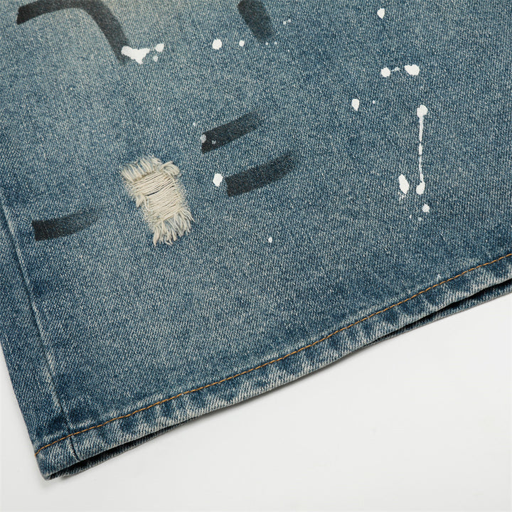 Heavy-duty Splatter Paint Aged Denim Three-quarter Pants Men's Loose Wide-leg Ripped Washed Shorts Trendy