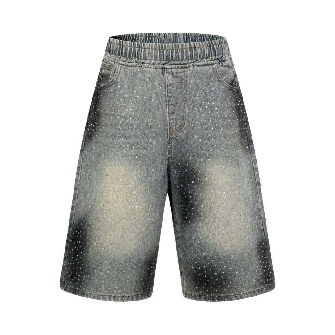 Washed Vintage Graffiti Rhinestone Denim Shorts Men's Loose Wide Leg Elastic Waist Five-Point Pants