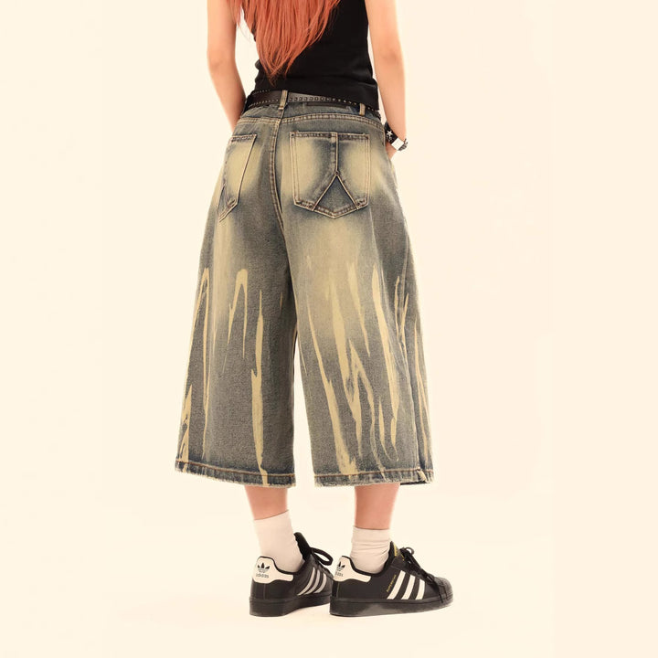 Retro Washed Distressed Denim Shorts Unisex Loose Wide-Leg Straight Leg Three-Quarter Pants