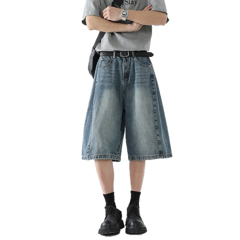Retro silhouette wide leg denim casual washed five quarter pants