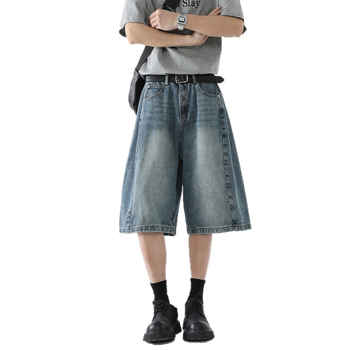 Retro silhouette wide leg denim casual washed five quarter pants