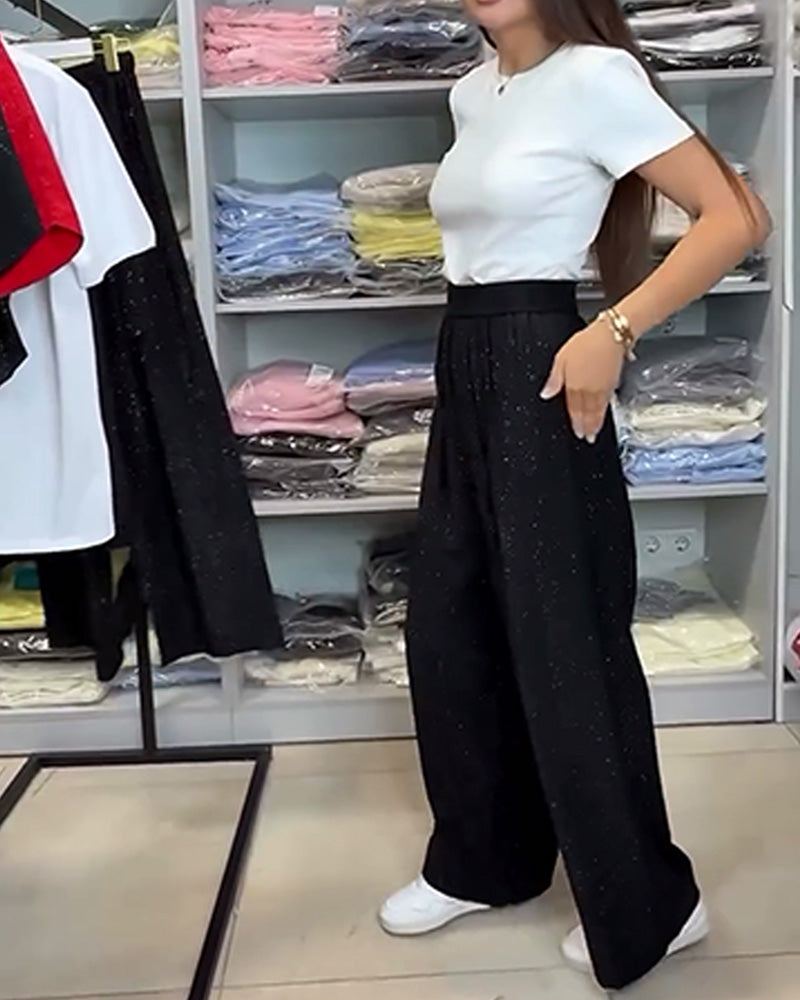 Stylish High-Waisted Shiny Wide-Leg Pants