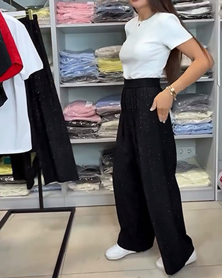 Stylish High-Waisted Shiny Wide-Leg Pants