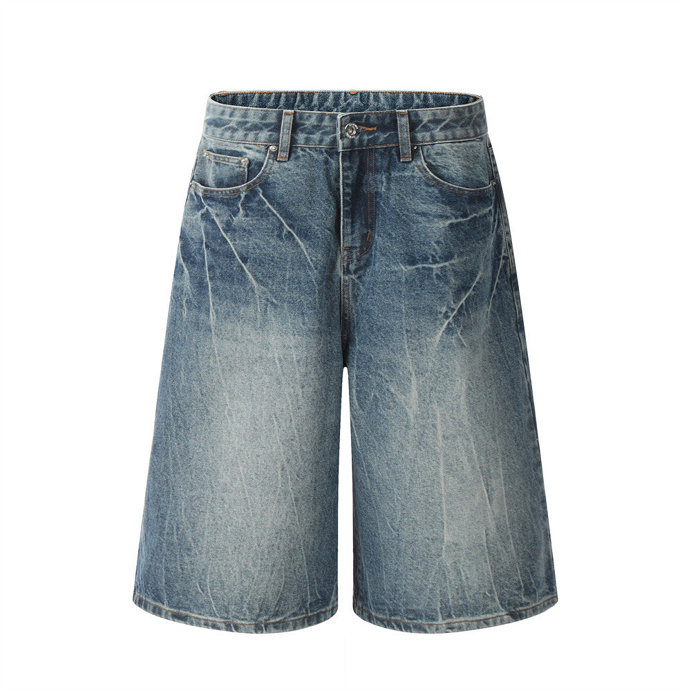 Punk Washed Faded Denim Straight Five-Quarter Pants Men's Distressed Loose Wide-Leg Casual Work Shorts Street Trendy