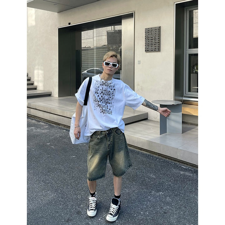 Blue denim shorts casual loose five quarter pants for men
