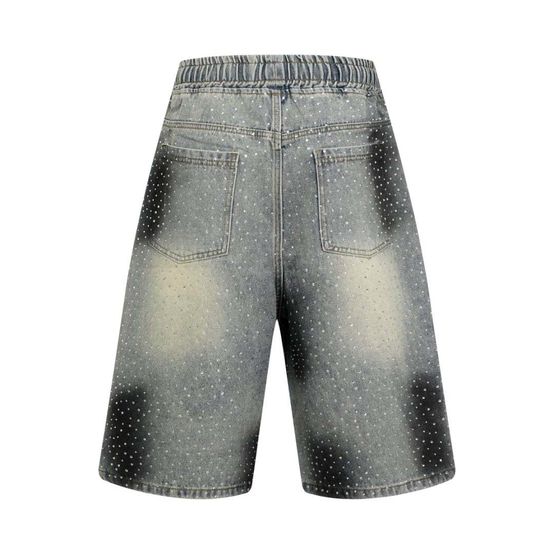 Washed Vintage Graffiti Rhinestone Denim Shorts Men's Loose Wide Leg Elastic Waist Five-Point Pants