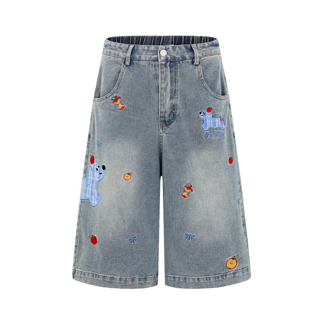 Washed Vintage Cartoon Plaid Puppy Embroidered Seven-Quarter Denim Pants Men's Versatile Casual Mid-Length Shorts