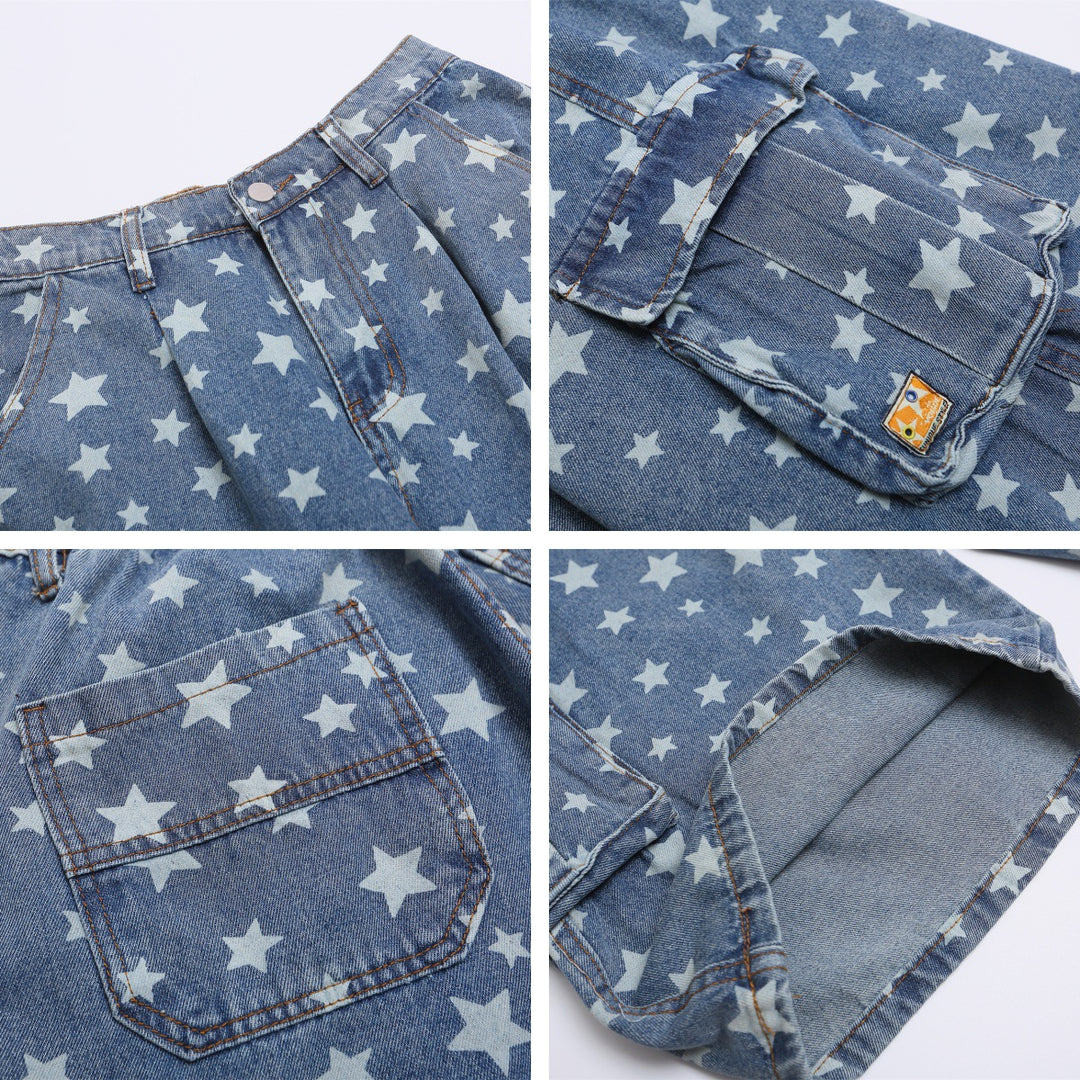 Retro Washed Star Full Print Seven-Quarter Denim Pants Men's Hip Hop Casual Loose Wide Leg Mid-Length Shorts