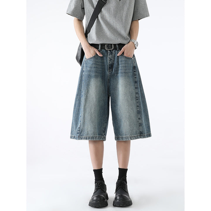 Retro silhouette wide leg denim casual washed five quarter pants