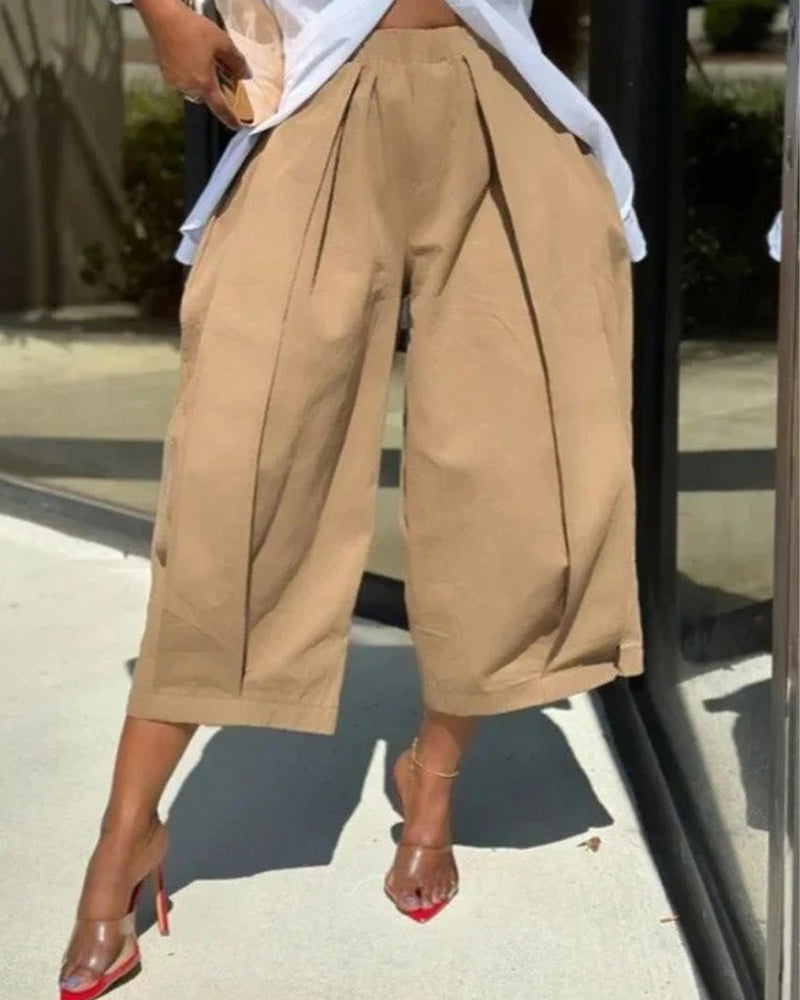 Solid-Color Elastic-Waist Tulip-Hem Cropped Pants