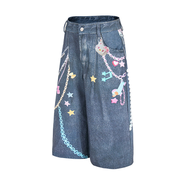 Chain printed washed denim seven quarter pants straight leg shorts
