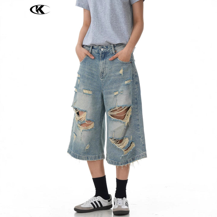 Design Seven-Quarter Denim Pants Washed Loose Straight Trendy Shorts