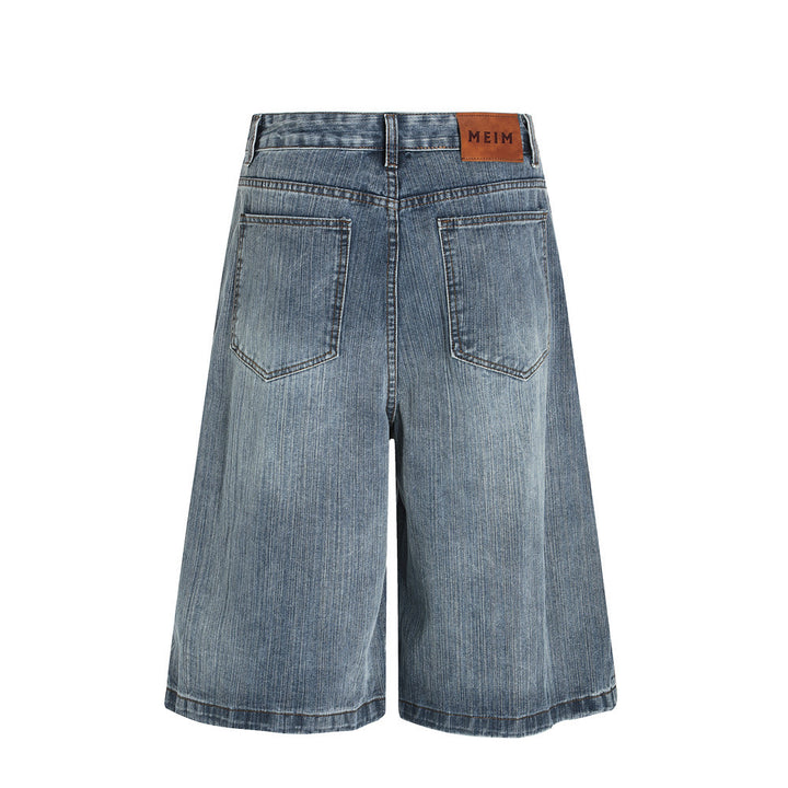 Riveted Deconstructed Denim Short Men's Loose American Street Style Washed Straight Leg Five-Quarter Pants