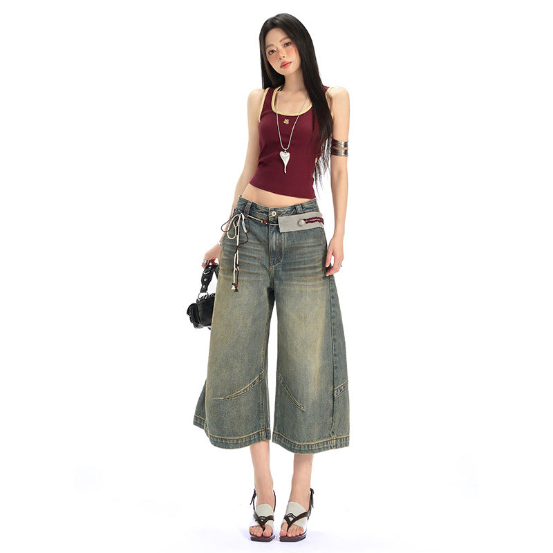 Retro Deconstructed Knife-Edge Denim Shorts Street Distressed Washed Casual Wide-Leg Three-Quarter Pants