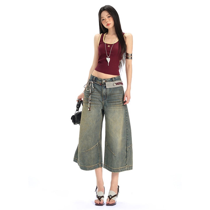 Retro Deconstructed Knife-Edge Denim Shorts Street Distressed Washed Casual Wide-Leg Three-Quarter Pants