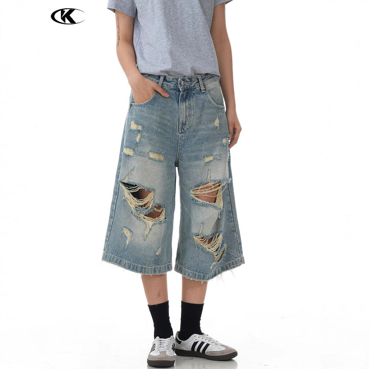 Design Seven-Quarter Denim Pants Washed Loose Straight Trendy Shorts