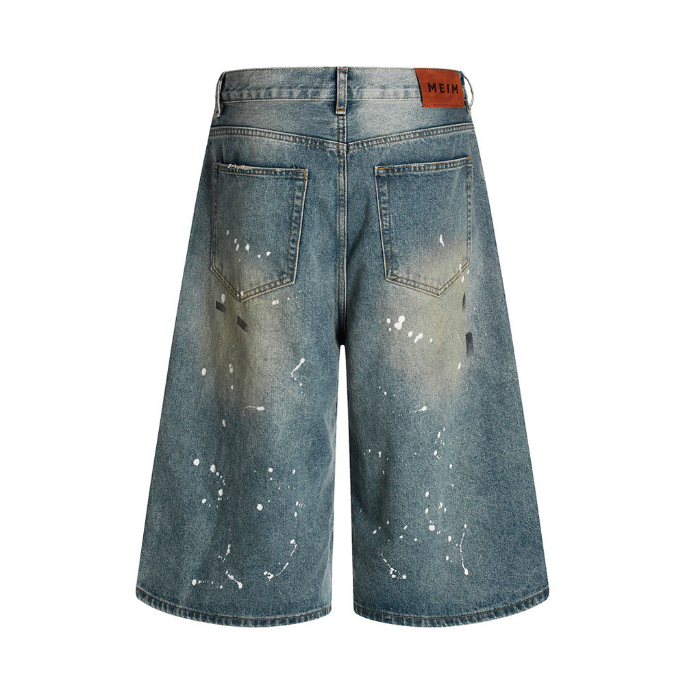 Heavy-duty Splatter Paint Aged Denim Three-quarter Pants Men's Loose Wide-leg Ripped Washed Shorts Trendy
