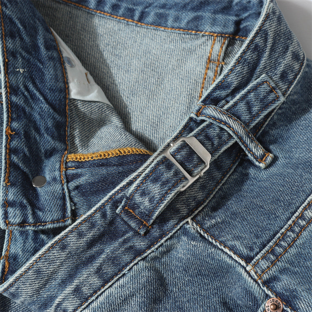 Ripped washed denim five quarter pants