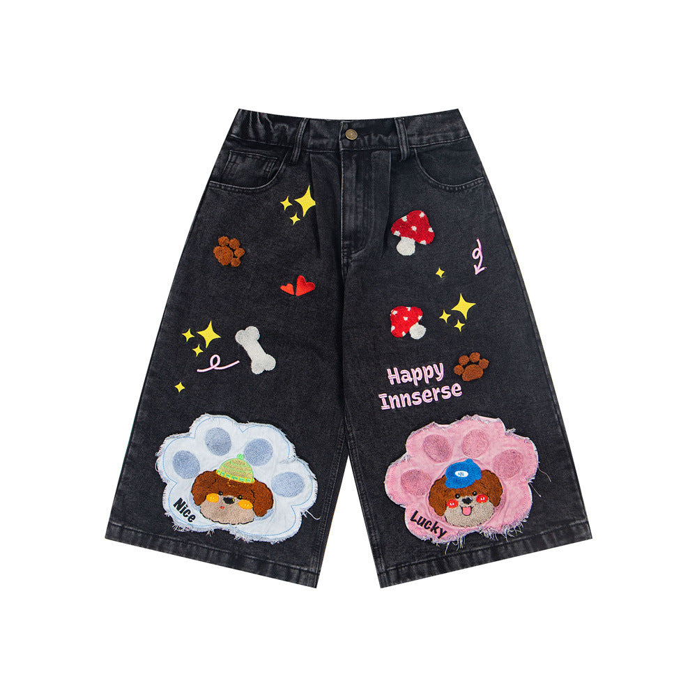 Loose denim five quarter pants