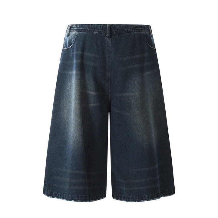 Reversible Design Denim Shorts Men's Summer Loose   Vibe Washed Straight Leg Five-Quarter Pants