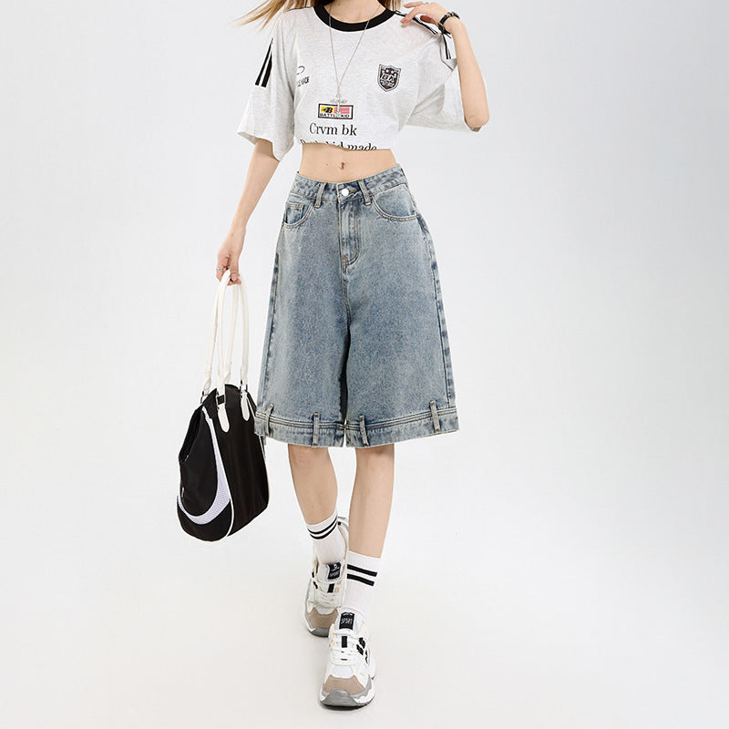 Retro Design Denim Shorts for Women Loose Five-Quarter Pants Straight Wide-Leg Mid-Length Trousers