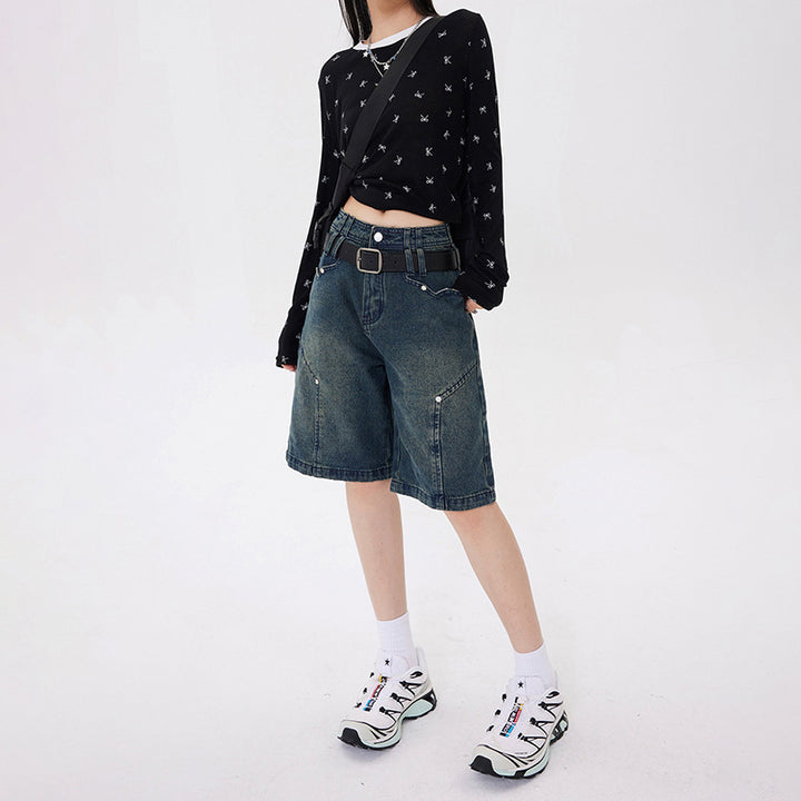 Women's Five-Quarter Pants Denim Pants Loose Hip-Covering American High Street Shorts