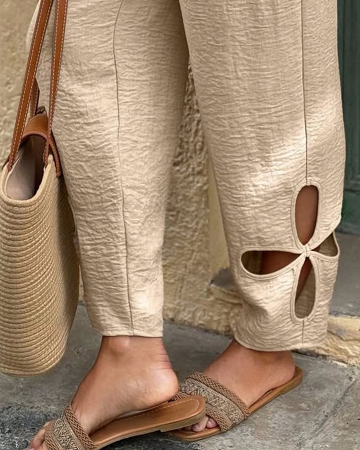 Textured Floral Pattern Cut-Out Hem Casual Pants