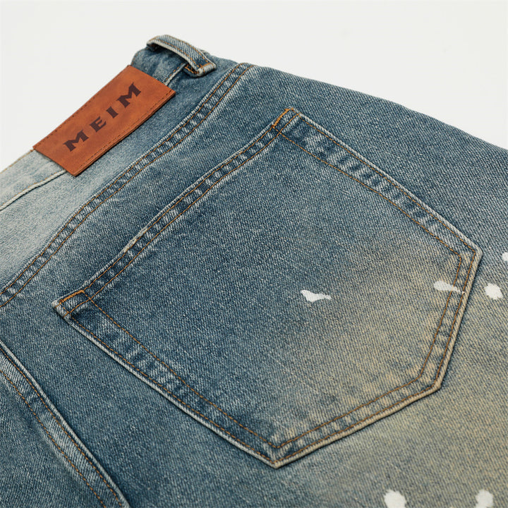 Heavy-duty Splatter Paint Aged Denim Three-quarter Pants Men's Loose Wide-leg Ripped Washed Shorts Trendy